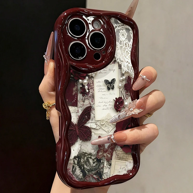 Schmetterling-Bedruckte Flache Handyhülle in Weinrot mit Cremetextur für iPhone 18 17 16 15 14 13 12 11 Pro Max Plus 17e