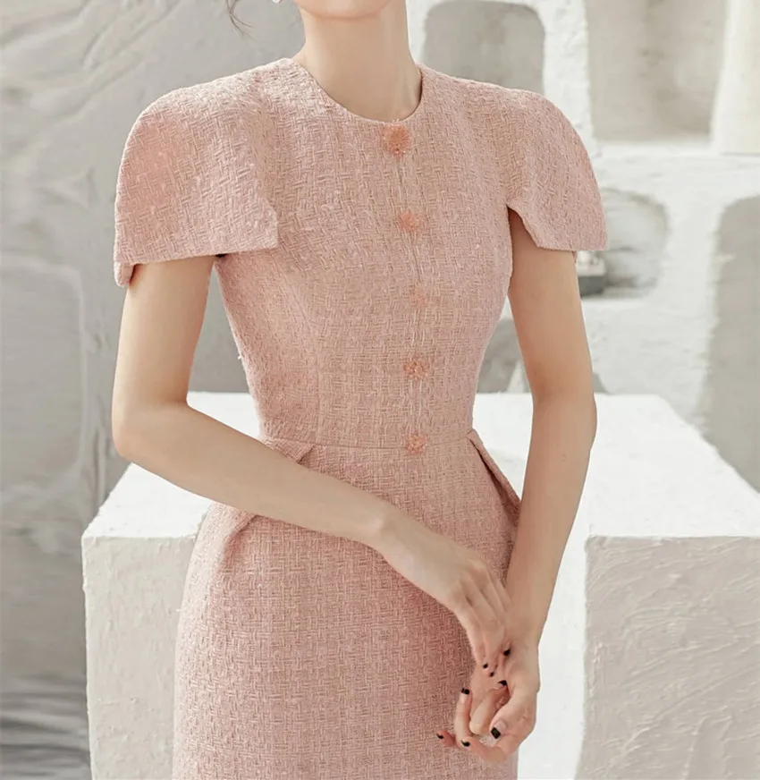 Elegant Spring Summer Pink Tweed Bodycon Midi Dress Women O Neck Short Sleeve Beaded Button Woolen Plaid Ladies Party Vestidos