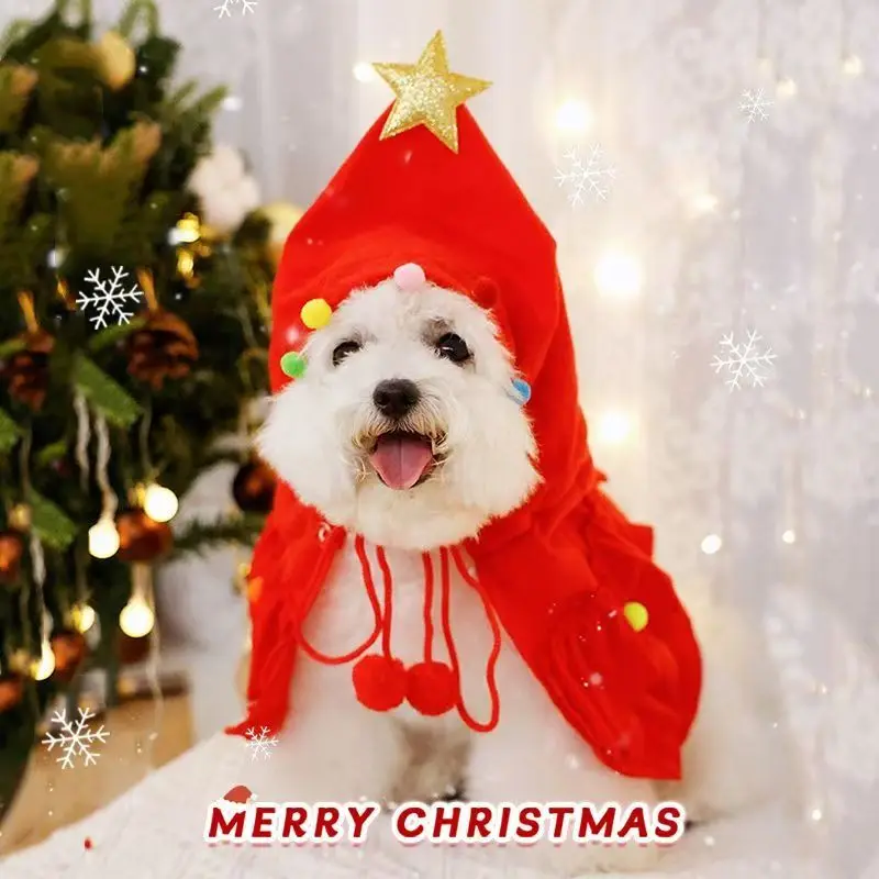 Vestito natalizio per gatti Mantello verde per animali domestici con cappello Pompon a stella Mantello per cuccioli Vestiti Albero Elfo Costumi Forniture per animali domestici per feste Accessori