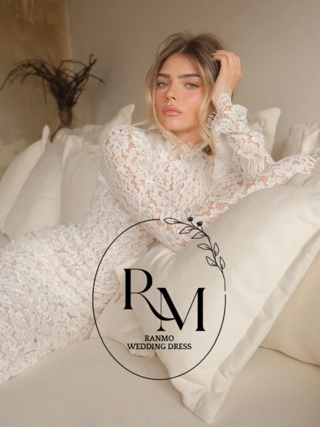 Ranmo New Elegant High Neck Mermaid Wedding Dress Beaded Court Train Full Sleeve Lace Bridal Gown Vestido De Novia Customized