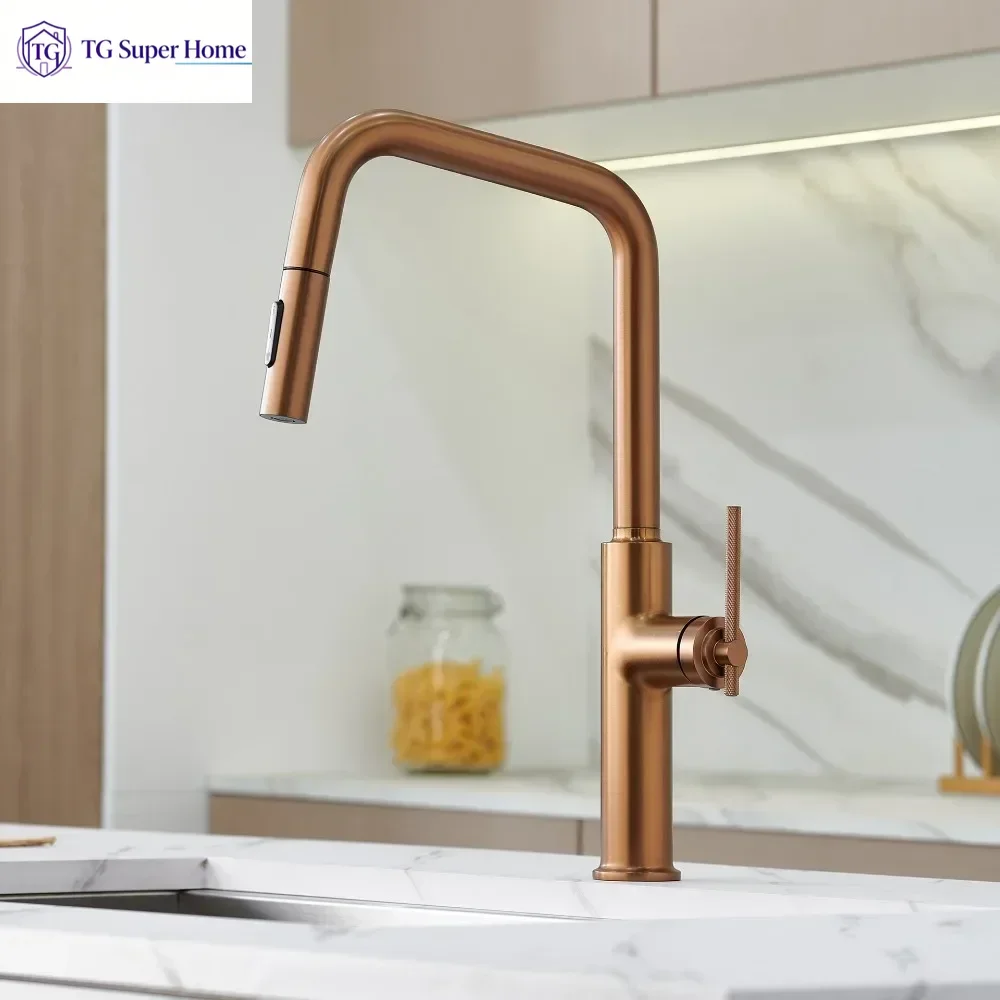 Brushed Rose Gold Pull Out Kitchen Faucet Cold Hot Water Multi Function Sink Tap