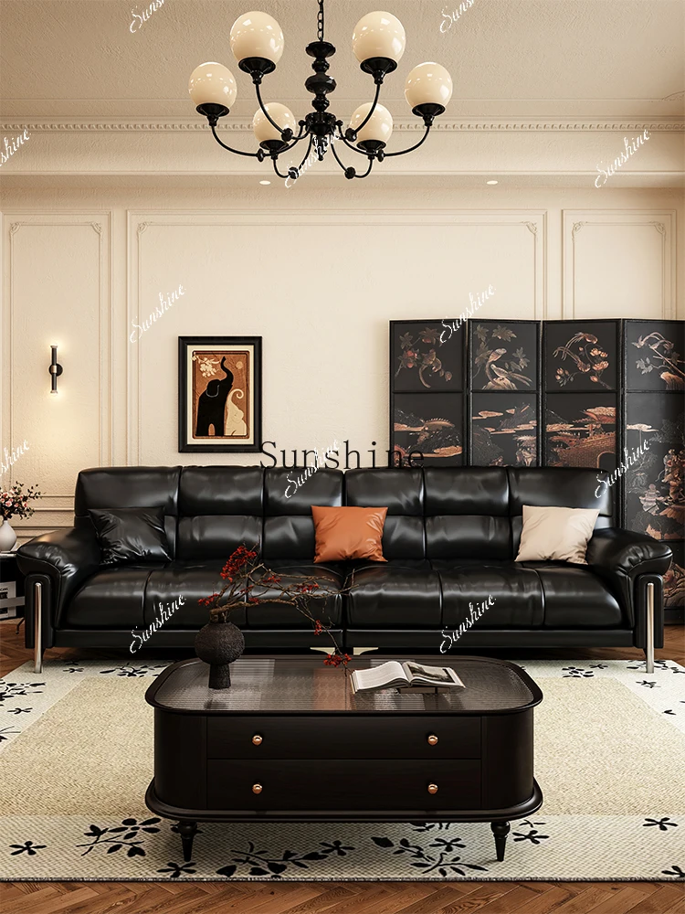 

French oil wax leather sofa living room black light luxury retro straight row furniture FT