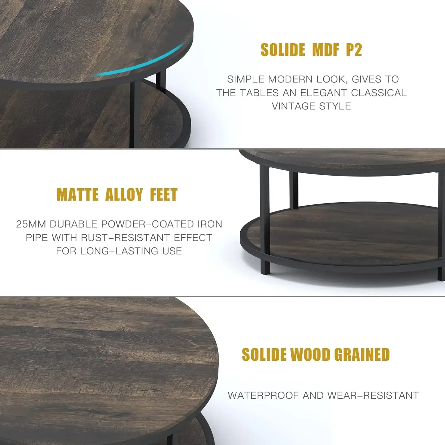 Round Coffee Table, Rustic Wooden Surface Top & Sturdy Metal Legs Modern Design Home Furniture with Storage Open Shelf