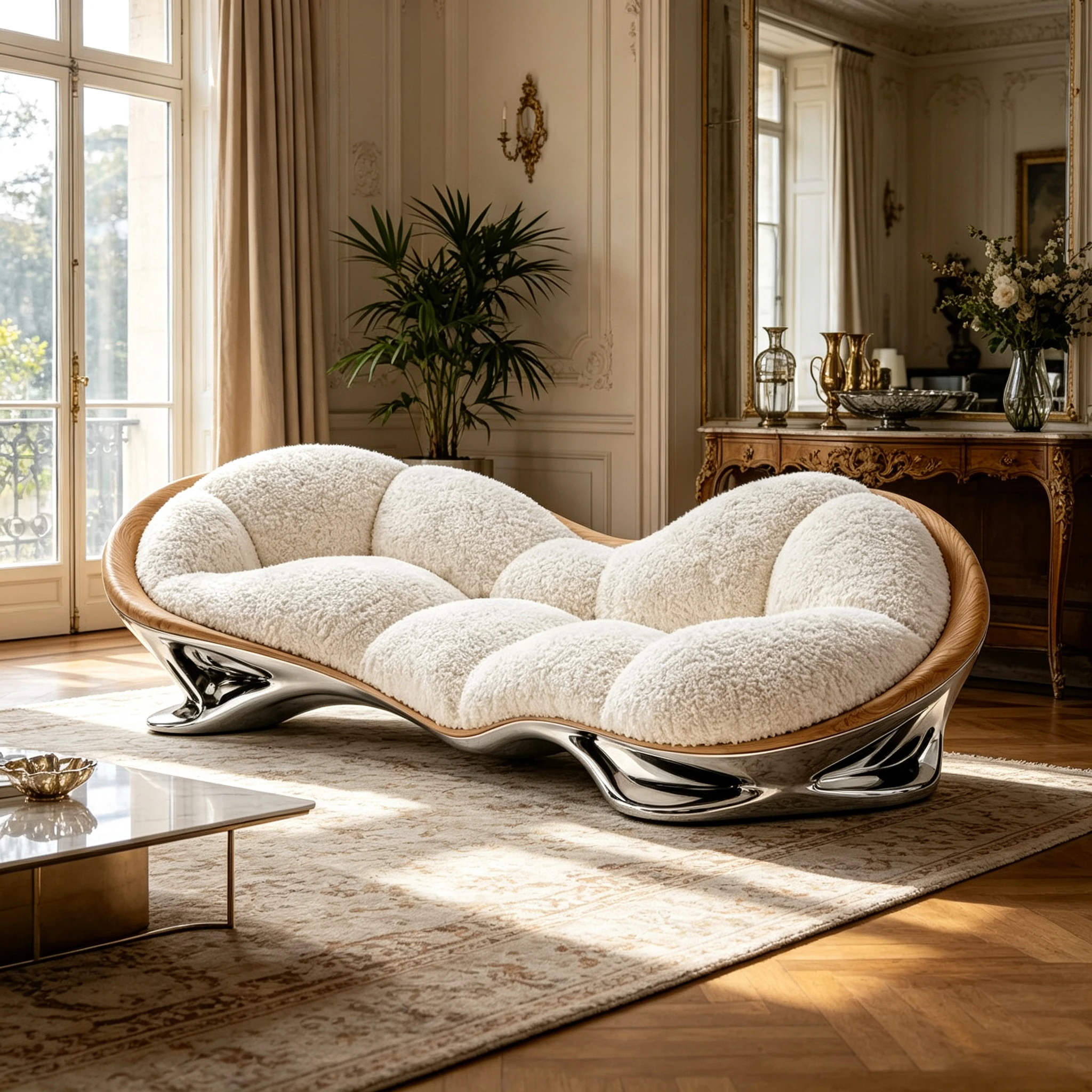 Z*-White Fluffy Boucle Home Sofa Combined Wood-Grain Fiberglass Edge for Luxury Living Room Decoration^
