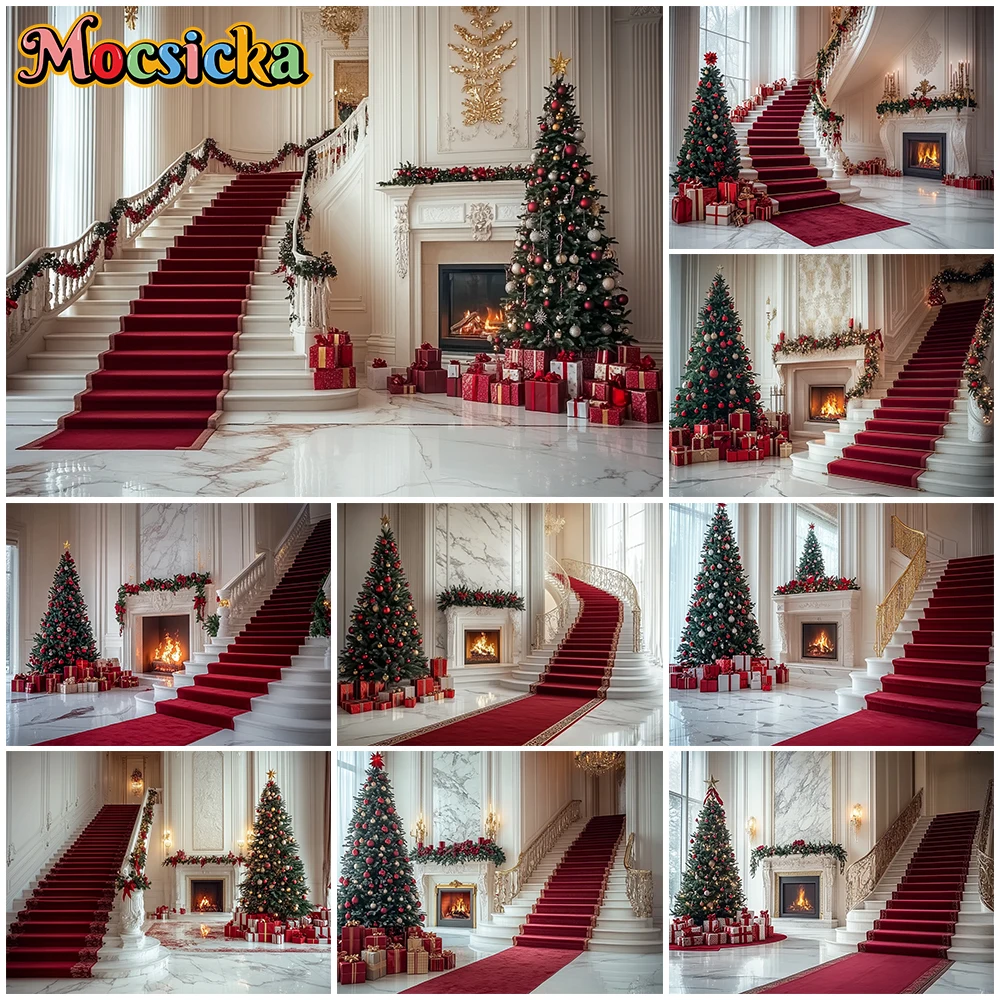 

Mocsicka Merry Christmas Backdrop New Year Party Xmas Tree Palace Staircase Fireplace Festival Backgrounds Decorations Wallpaper