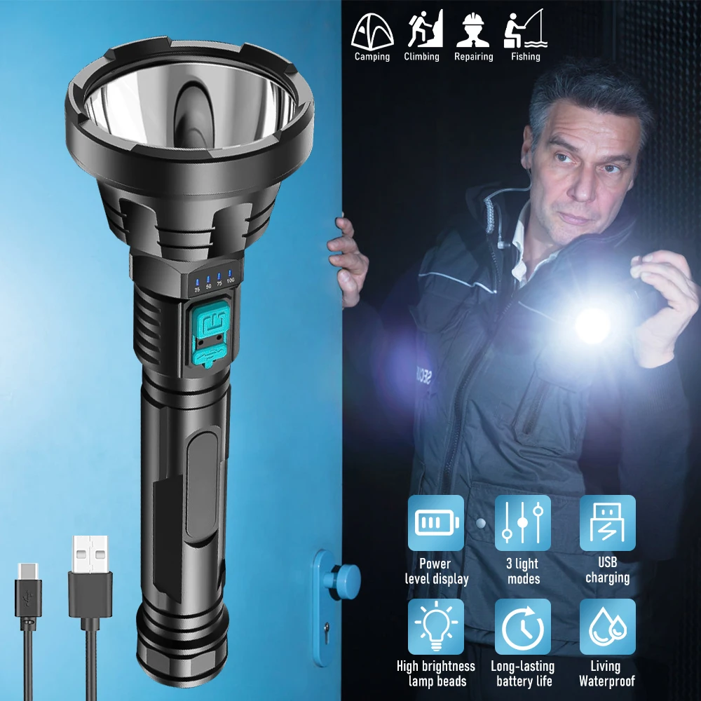 Powerful LED Flashlight P500 Tactical Flash light Long Range 500m Torch Waterproof Camping Hand Light USB Rechargeable