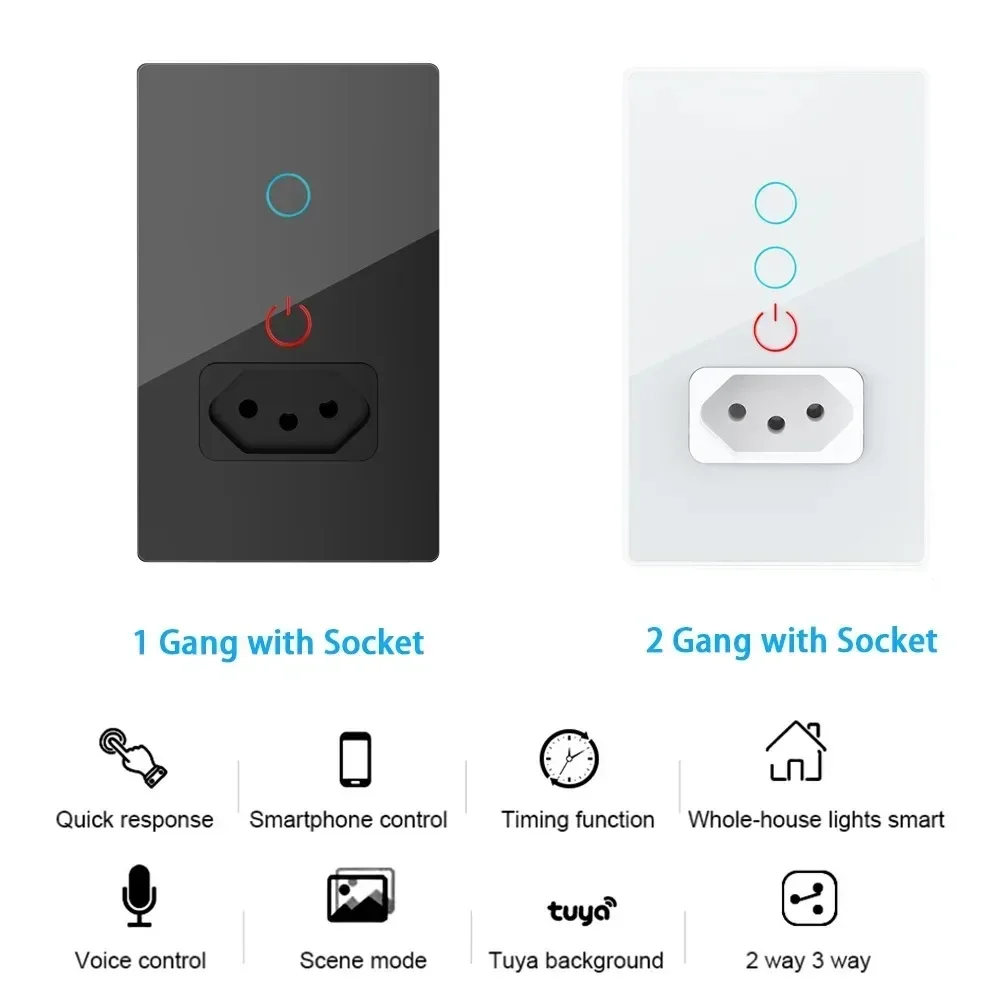 Melery-Tuya Brazil Light Switch, WiFi Smart Paralela Wall Socket Plug, Outlet Glass Panel, Intelligent by app Alexa Google Home