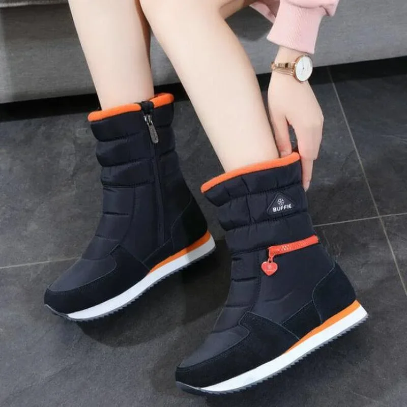 Long Women Snow Boots with Fashion Zipper Comfortable Warm Fur Winter Female Cotton Shoes Waterproof Non-slip Ladies Flat Boot