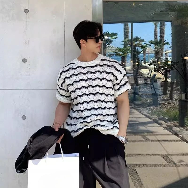 Men's Summer Short Sleeve Trendy Sophisticated Knitted T-Shirt with Intricate Hollow Out Jacquard Wave Stripes Craftsmanship​