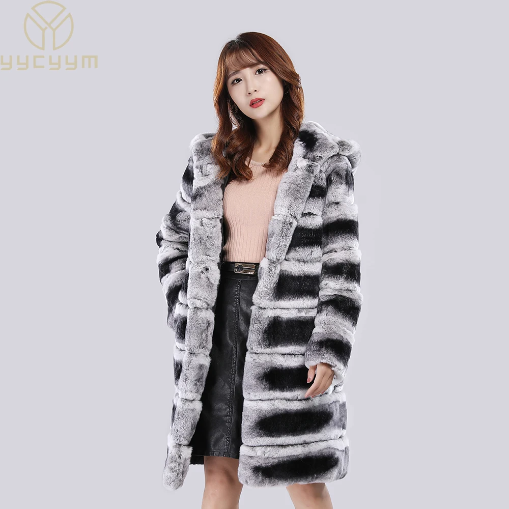 

New Real Fur Coat With Hood Jacket Long Winter Coat Large Fur Hood Rex Rabbit Chinchilla Fur Hooded Jacket Women Real Fur Coat