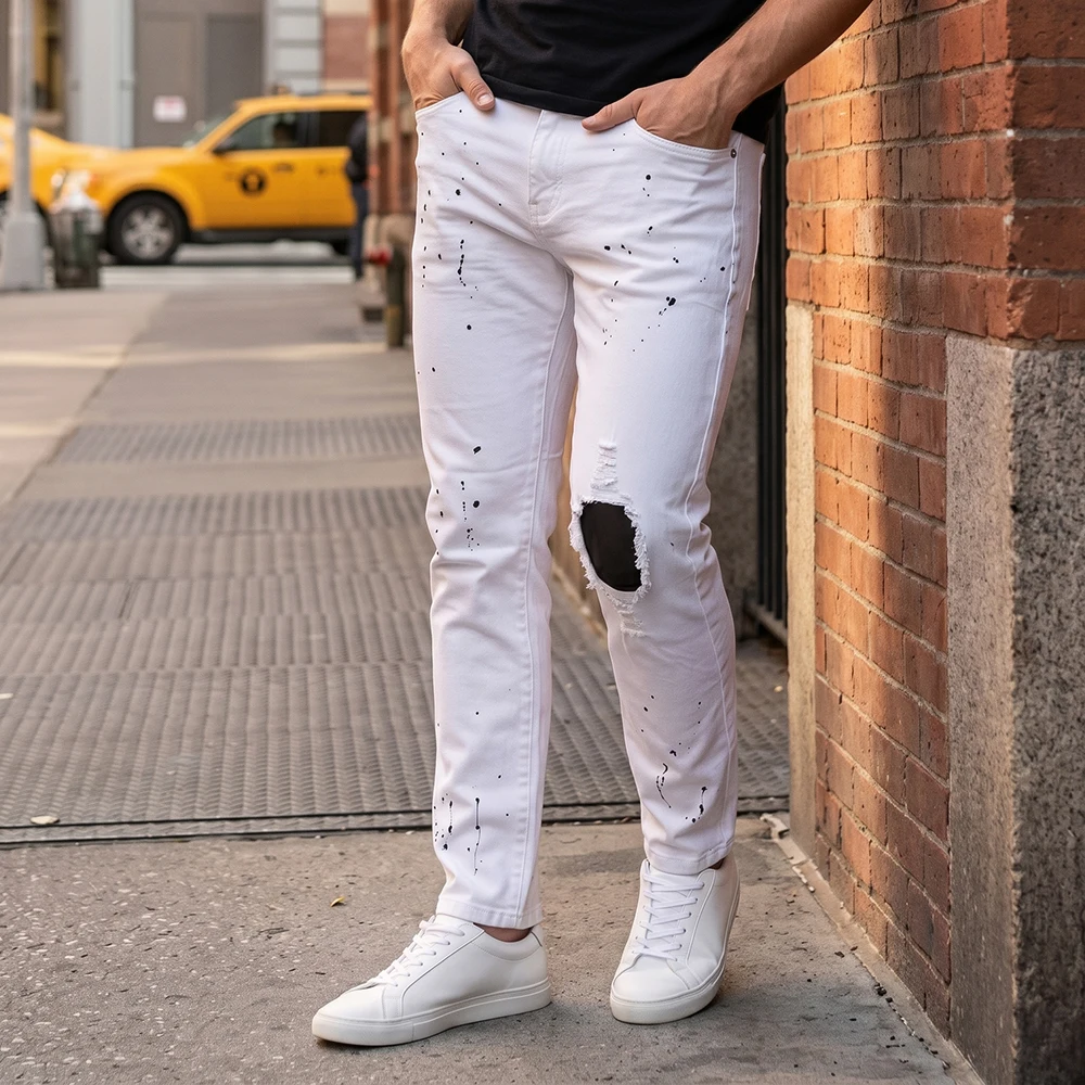 Men's White Denim Jeans Stretch Slim Fit Straight Pants Paint Splatter Patch Ripped Distressed Streetwear Trousers