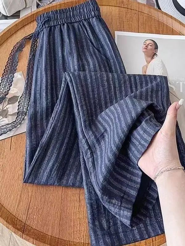 High Waist Wide Leg Pants Women's Summer Thin Cotton Linen Striped Casual Nine Point Pants Straight Cut Loose Fit Trousers