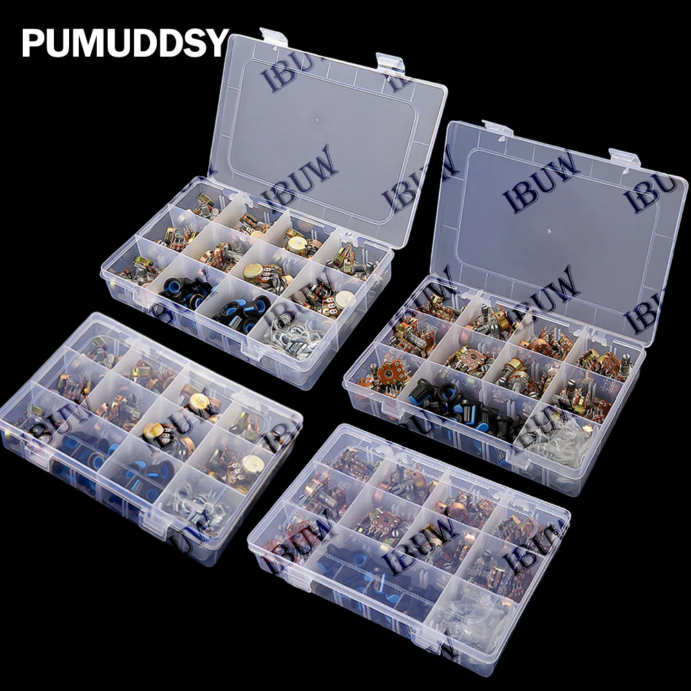 

Набор потенциометров WH148, 45 шт./кор., 3-контактные/6-контактные, 1к, 5к, 10к, 20к, 500к, 1М Ом, с синей ручкой, 50к, 100к, 3-контактные, 6-контактные