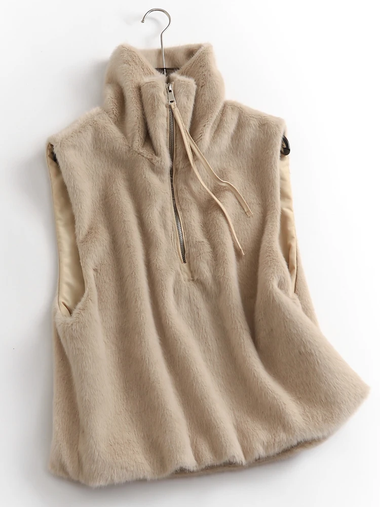 

Women Autumn Winter Solid Color Fuzzy Short Stand Collar Zip Cardigan Sleeveless Vest Gilet