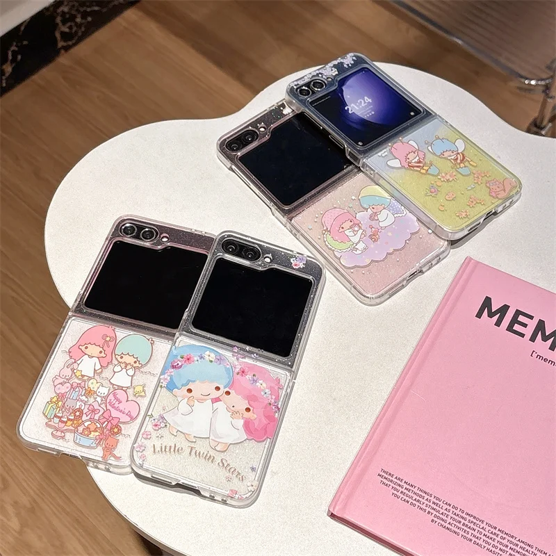 

Cute Moon Cloud Fold Bling Glitte Phone Case for Samsung ZFlip 5 6 7 zflip5/6/7 cartoon Couple Love Little Twin Glitte Cover
