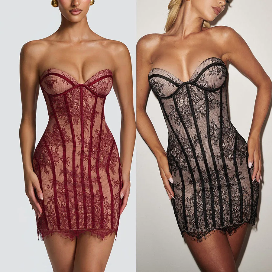 

SKMY Spring 2026 New Lace Wrapped Chest Bodycon Dress Y2k Clothes Women Holiday Party Slim Fit Sleeveless Sexy Short Dresses