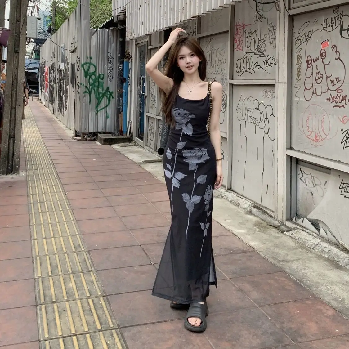 الفرنسية الرغبة النقية سبليت فساتين النساء ضيق الخصر Bodycon فستان أنيق روز مطبوعة شبكة الحمالات Vestidos فام #1