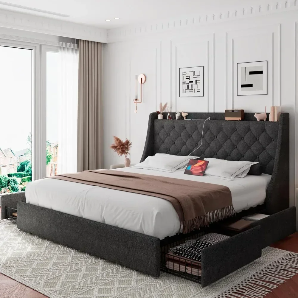 

King Size Bed Frame With 4 Storage Drawers, Upholstered Headboard Charging Socket, Solid Wooden Slats, King Bed Frames