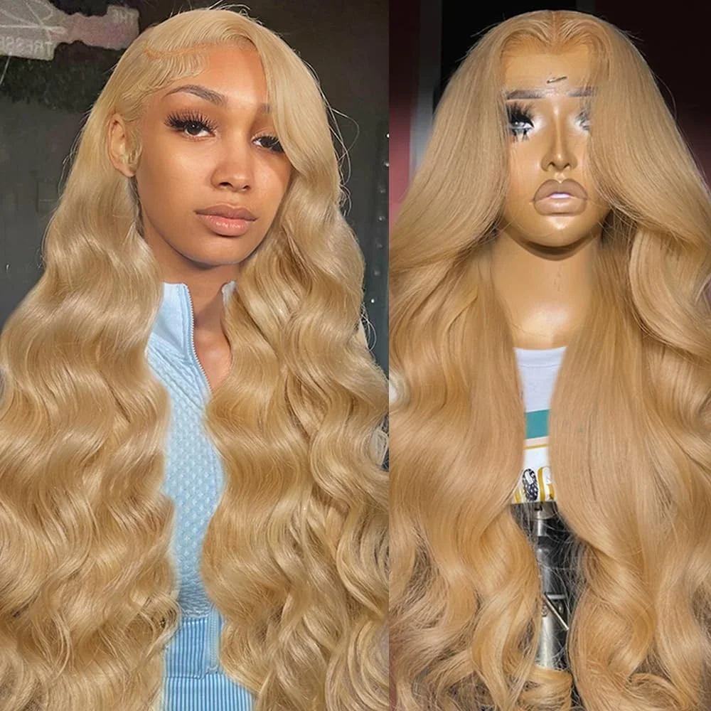 13x6 HD Honey Blonde Body Wave Lace Front Wig for Women Pre-Plucked Transparent Lace Frontal Colored #27 Human Hair Wig on Sale