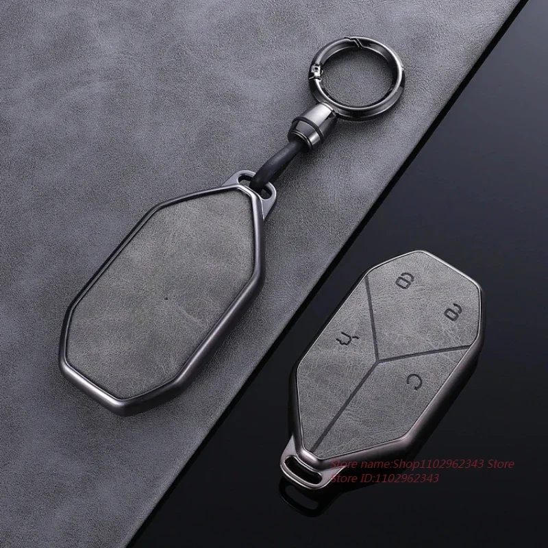 

Handmade Grey Leather TPU Car Remote Key Case Cover for BYD Leopard 5 2023 Simple Style Car Accessory