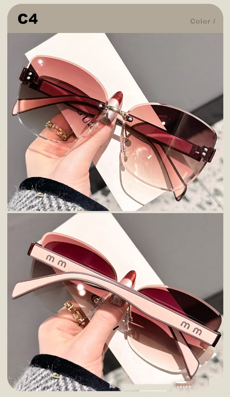 Cat-Eye-Mode-Sonnenbrille mit großem Rahmen, 2025, neuer UV-Schutz, rahmenlos, für Damen, Kantenschneiden, DS-8208 – Detail 10