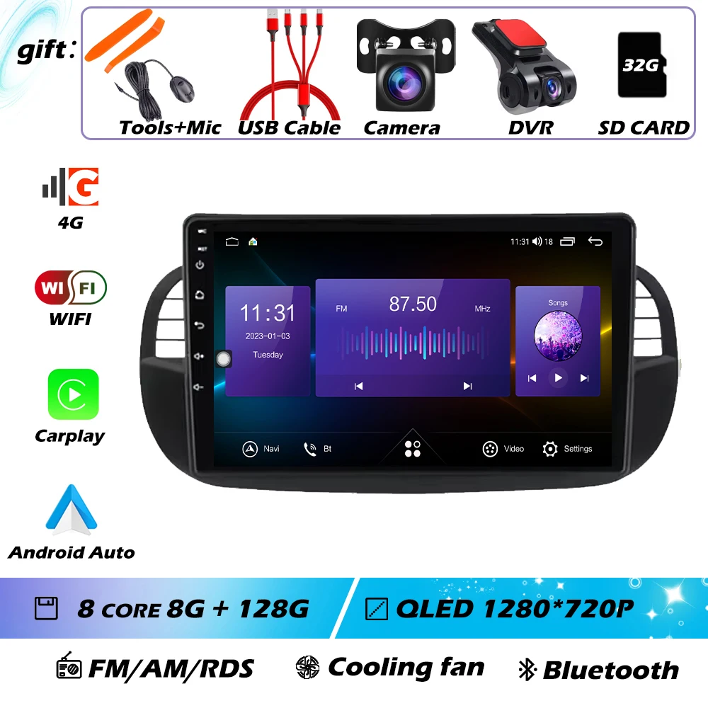 9 ''Android 16 Autoradio Stereo voor Fiat 500 2007-2015 met GPS Navigatie Stuurbediening Multimedia Carplay auto WIFI