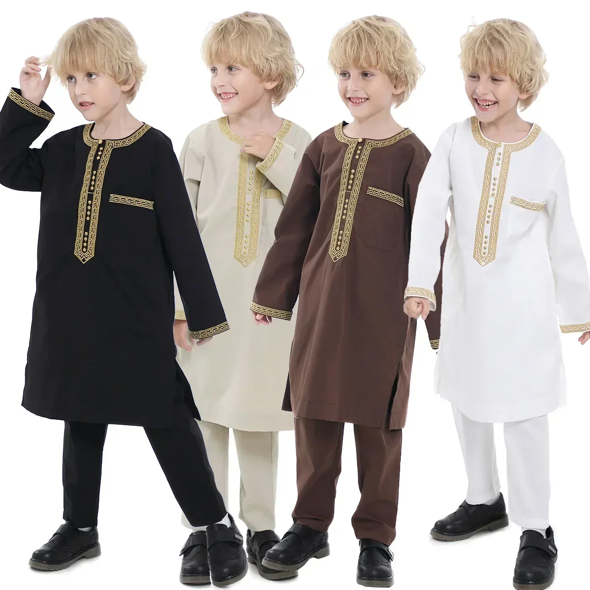 Teen Muslim Kids Boys Jubba Thobe Robes Arabic Islamic Middle Eastern Dubai Saudi Caftan Long Sleeve Ramadan Dishdasha Clothing