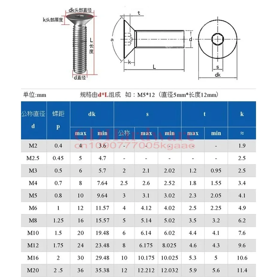 Grau 12.9 M1.6 M2 M2.5 M3 M4 M5 M6 M8 M10 - M20 SCM435 Aço DIN7991 Hexágono Hex Soquete Cabeça Plana Escareada Parafuso Allen