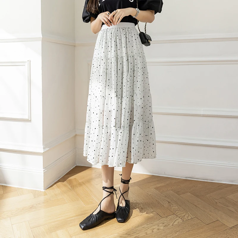 

Весна-лето, новая мода, шифоновая длинная юбка в горошек, женские корейские элегантные плиссированные юбки трапециевидной формы, женская повседневная свободная юбка с высокой талией