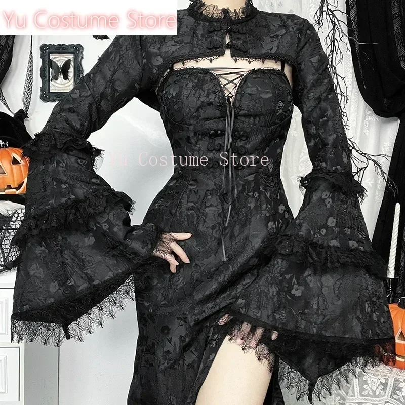 

Yu Cosplay Halloween Gothic Grunge Punk Women Dress High Split Lace Black Dresses Shrug Sets Harajuku Lolita Cosplay Party Dress