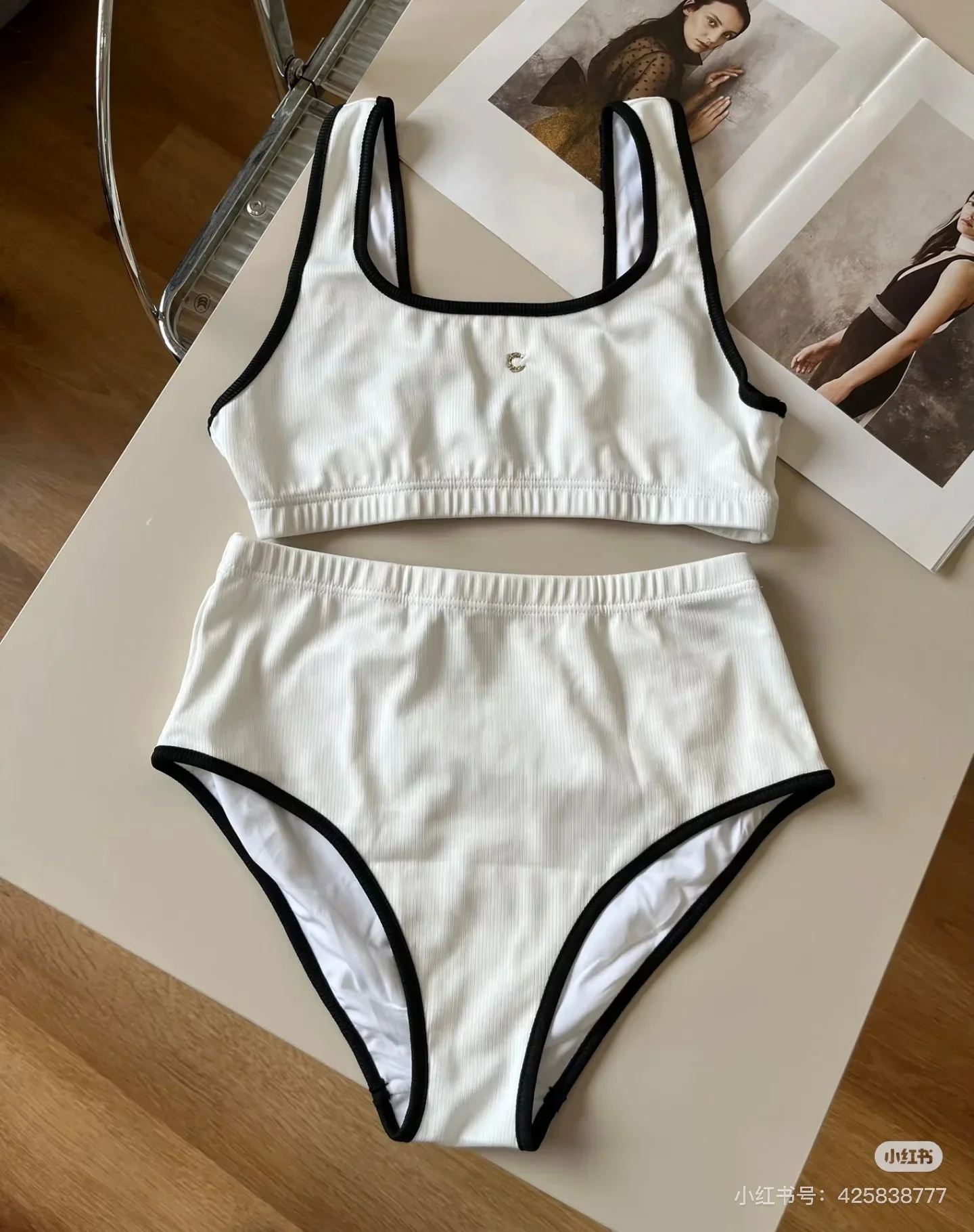Women Color Block Split Suspender Bikini Swimsuit Black White Summer Beach Wear Two Piece Swimwear