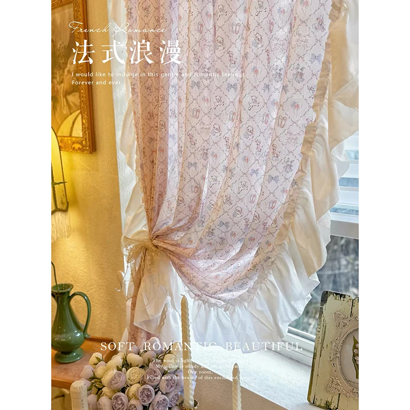 Korean Sweet Pink Bow Pattern Curtains Cloth for Living Room Warp Ruffled Floral Curtains for Bedroom Kitchen #A669