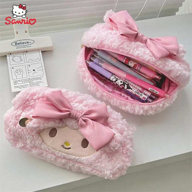 Kawaii Sanrio Melody Pencil Pouch Large Capacity Pen Case Cute Plush Cosmetic Bag Girls Cartoon Cute Student Supplies Stationery