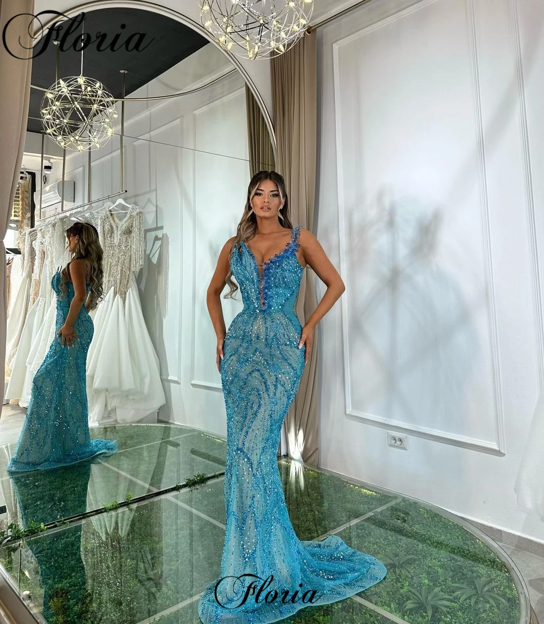 Blue Beaded Celebrity Dresses 2023 Mermaid Designer Prom Dresses Long Crystals Grand Evening Party Gowns Vestidos De Noche