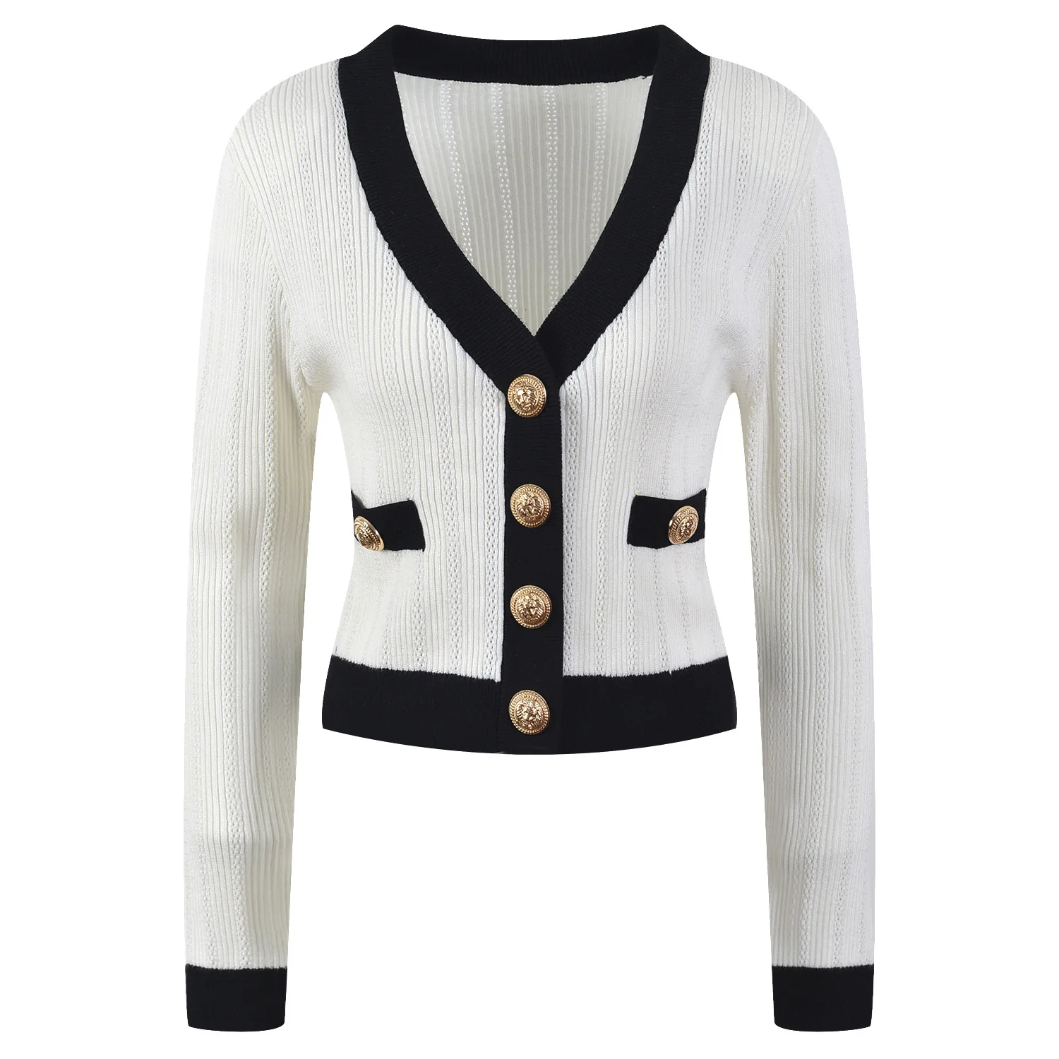 Single row metal buckle pocket knitted cardigan French V-neck  Autumn/Winter new hollow out jacket for women