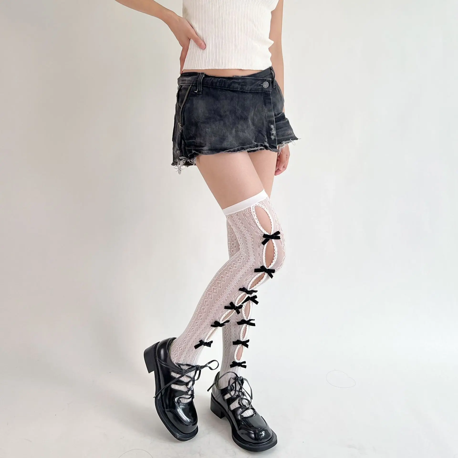 Women Sexy Stocking Bow Tie Lace Thigh Socks Lolita Jk Lace Gothic Hollowed Out Over Knee Socks Calf Socks Clothing Accessories