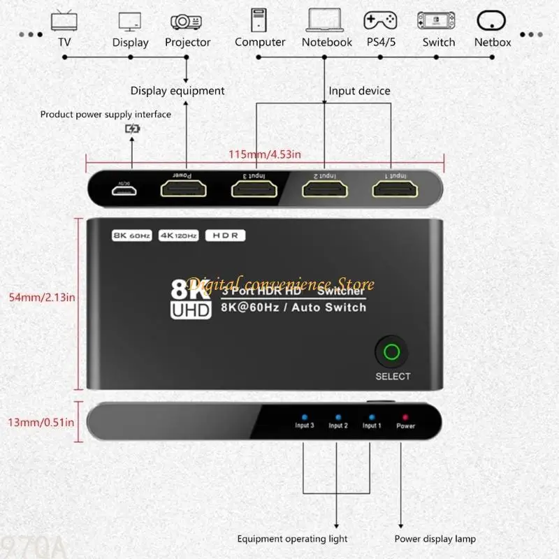 97QA 3 Port HDTV 8K Switcher مع دعم عن بُعد 8K@60Hz 4K@120Hz السرعة العالية 3 في 1 OUT