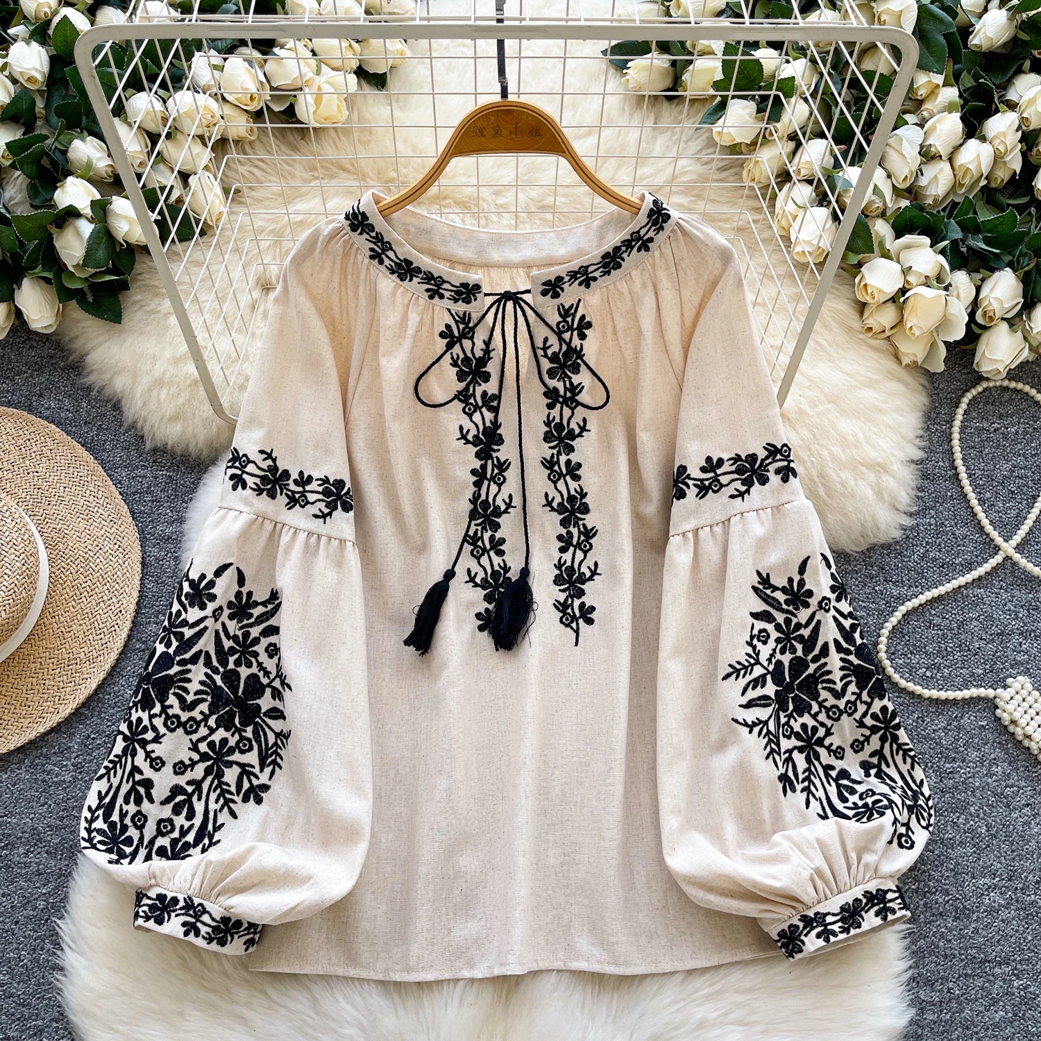 chic vintage Embroidered loose long sleeve korean fashion blouse Female autumn women clothing