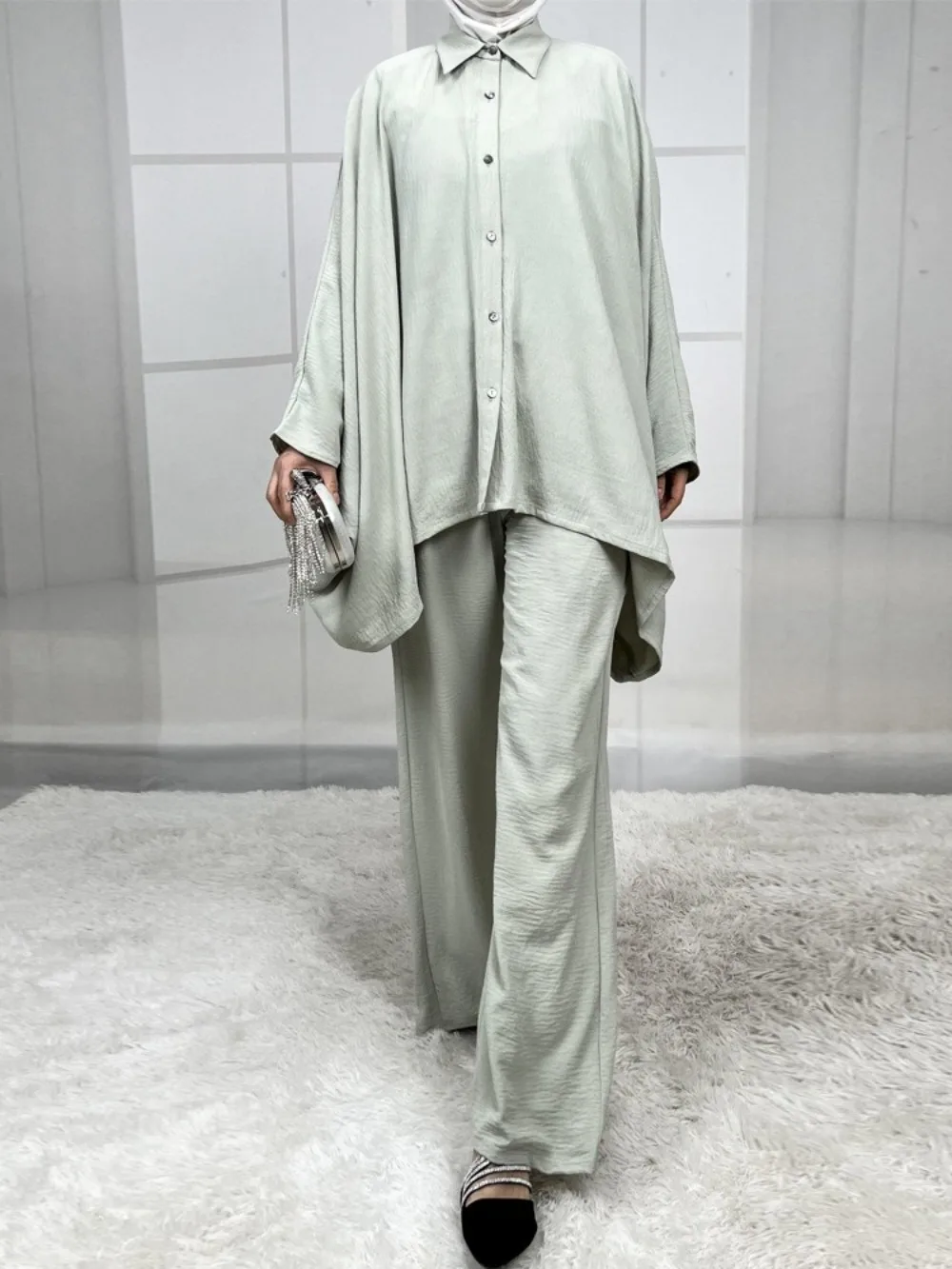 イード・ムスリムセット レディース バットスリーブ シングルブレストシャツ トップス ツーピースセット ブラウス ワイドレッグパンツスーツ アラビア ドバイ ムスリムアンサンブル