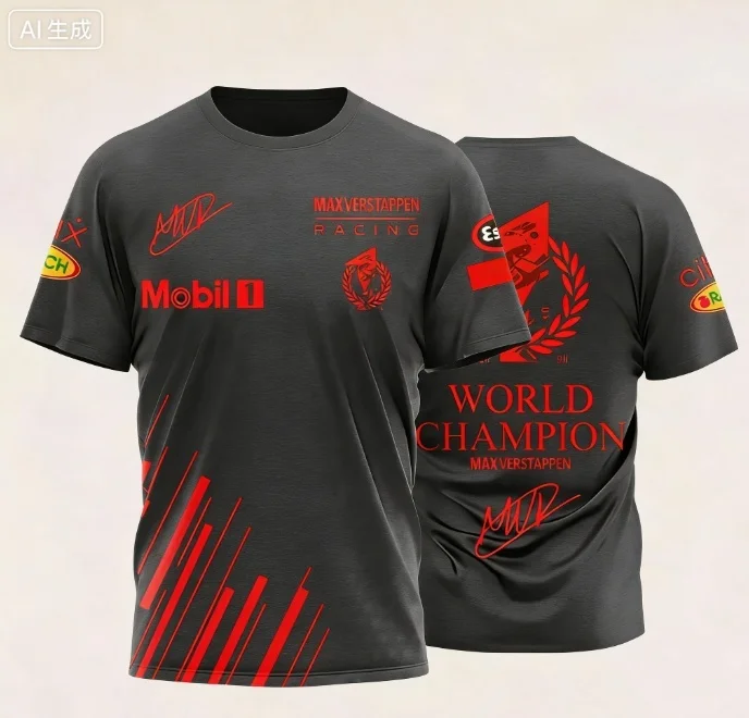 Camiseta con temática de carreras de Max Verstappen con logotipo y firma del campeón mundial para fanáticos de las carreras, para uso diario