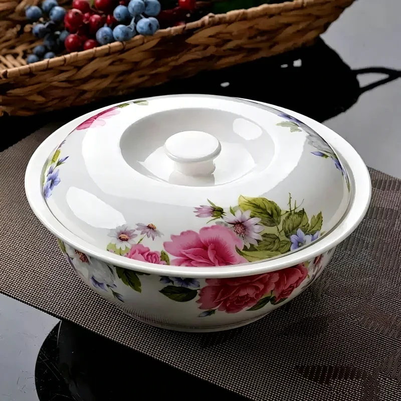 9 inch, fine bone china traditonal chinese bowl, ceramic serving soup tureen, buffet food container, porcelain lunch heater box