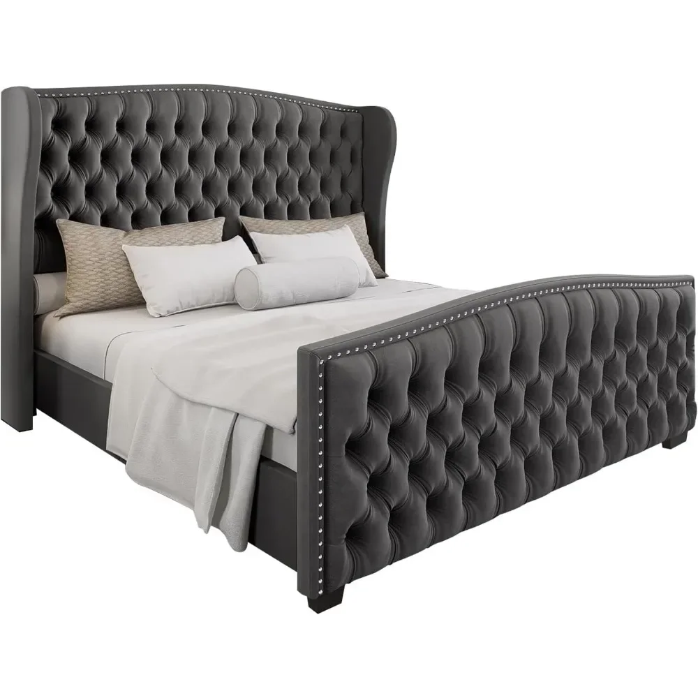 Rei Plataforma cama Frame com Wingback cabeceira, veludo estofados, botão artesanal, adornado e Nailhead