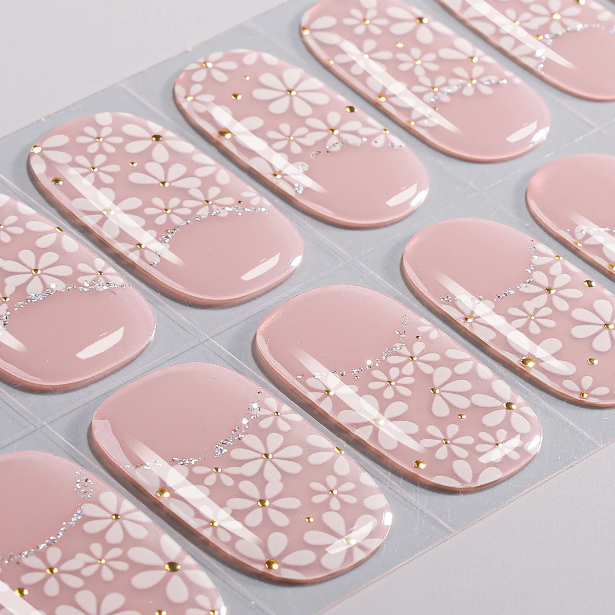 16Tips Glitter Flowers Gel Nail Strips Full Cover Aurora Cherry Blossoms Baking-Free Gel Nail Sticker DIY Manicure Decoration