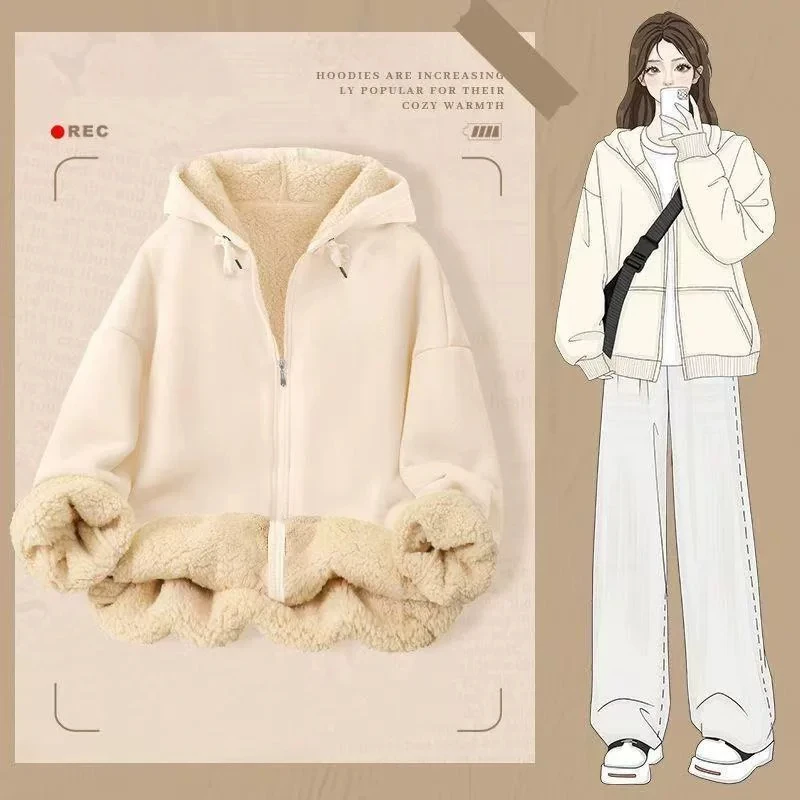 Lamb Velvet Hoodie Women's Autumn Winter Thickened Warm Loose Large Size Couple Open Cardigan Outerwear Trendy Zipper Design