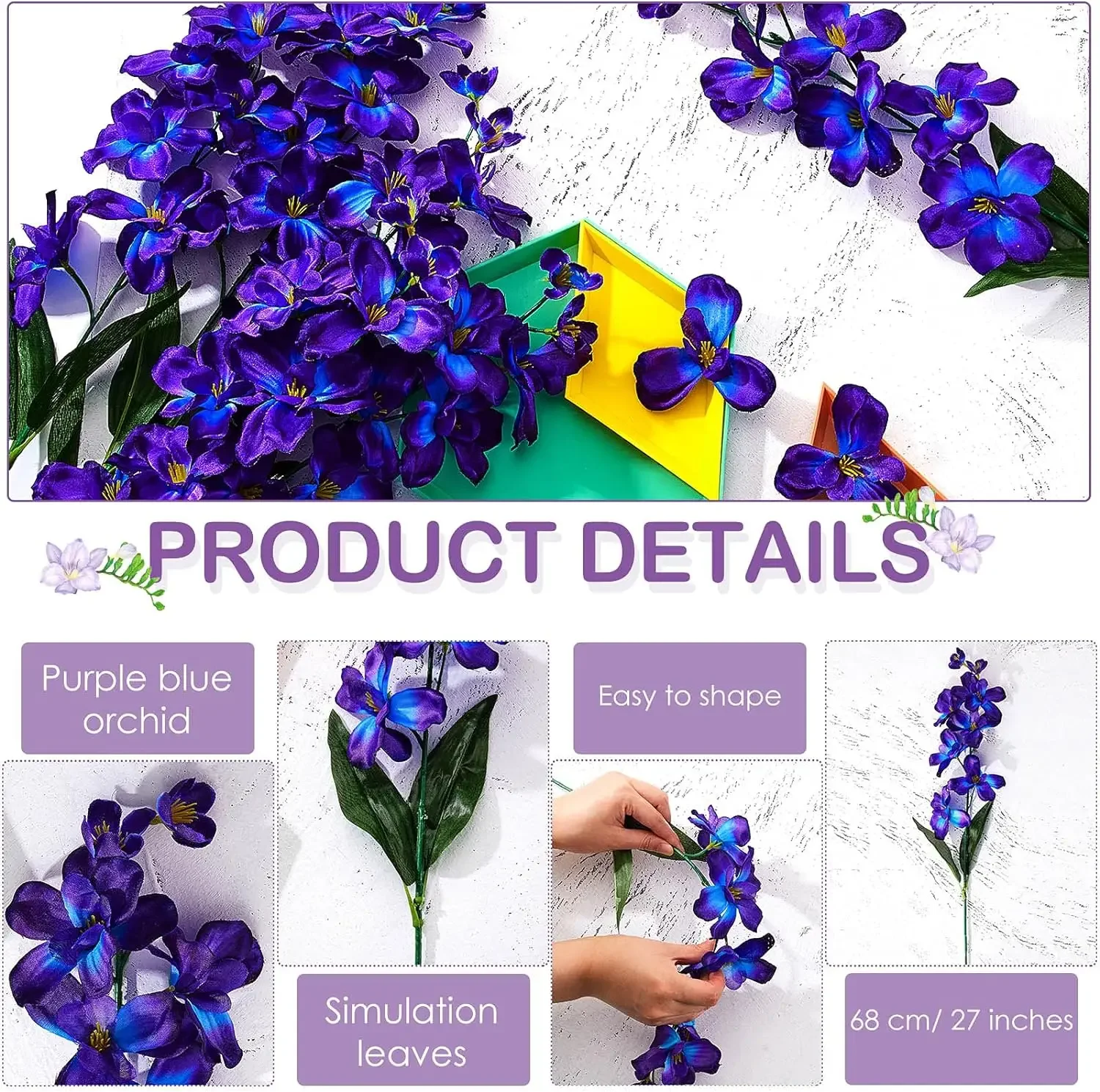 Flores artificiales de seda de imitación para decoración de bodas, ramo de novia, orquídeas púrpuras y azules, para comedor, hogar y restaurante, 10