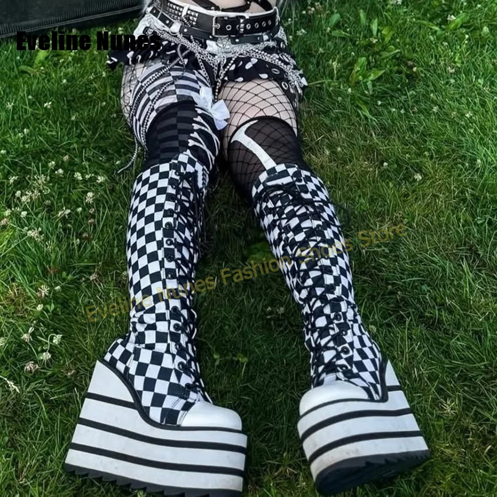 Women Pink White Checkerboard Platform Boots Round Toe Wedge Lace Up Y2K Street Style Women Knee High Boots 2026 Cosplay Trend view 2