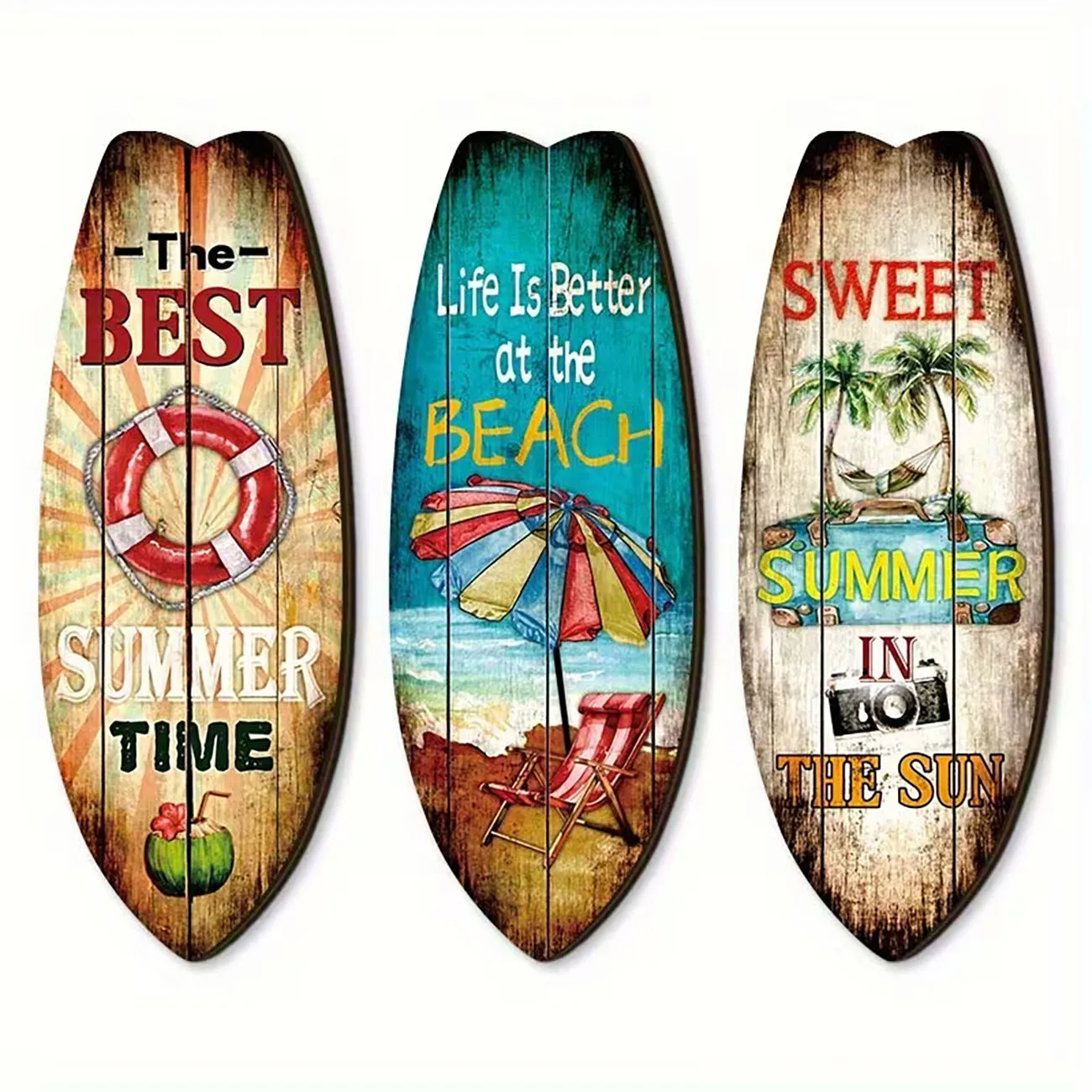 Set of 3 Nautical Surfboard Wooden Wall Stickers with Nano Tape, Rustic Summer Wood Wall Art for Beach House Decoration