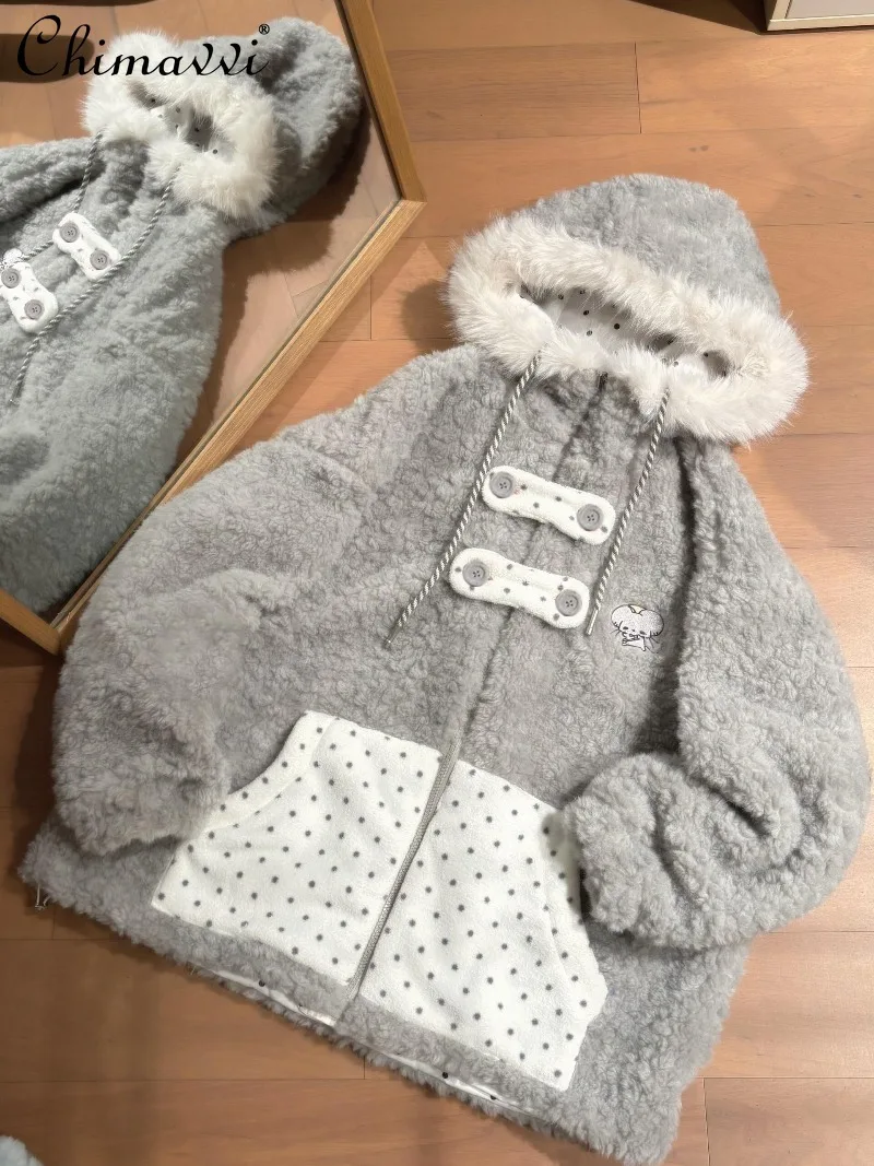 

Heavy Embroidery Little Mouse Polka Dot Fur Collar Lamb Wool Coat Women Sweet Thickened Warm Reversible Hooded Cotton Jacket