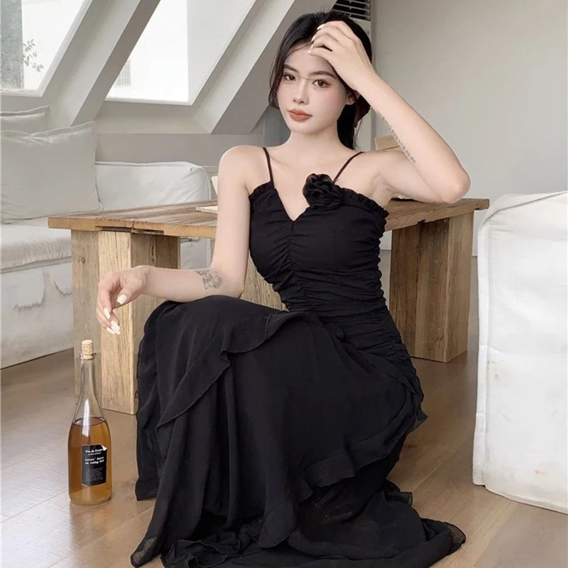 Y2K Spitze Patchwork Camis Kleid Frauen Backless Aushöhlen Plissee Chic EINE Linie Lange Kleid Sexy Unregelmäßigen V-ausschnitt Party Vestidos