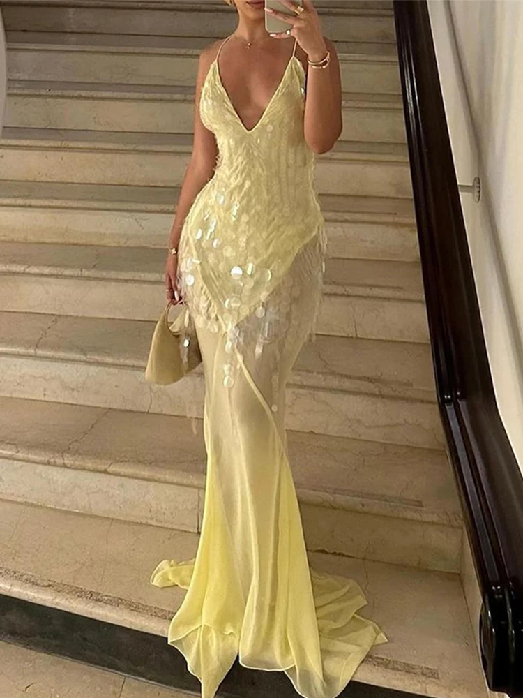 Glitter Sequin Women Sling Dresses Sexy V Neck Sleeveless Backless Hip  Package Female Mermaid Prom Dress Lady Evening Party Gown - AliExpress